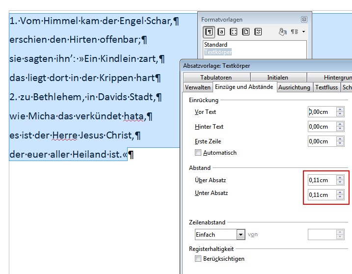 Beispiel mit eingefügten Liedstrophen aus dem EG in Libre Office