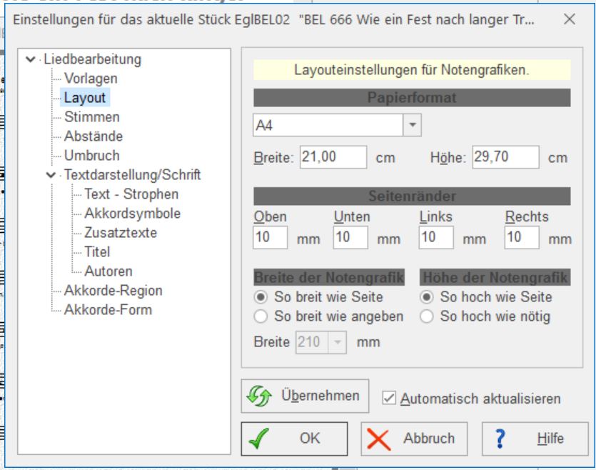 Einstellungen, Liedbearbeitung/Layout